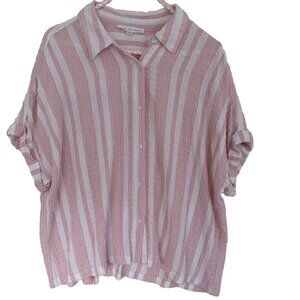 Jane & Delancey Women Button Up Top XL Pink Stripe Textured Gauzy Coastal Beachy